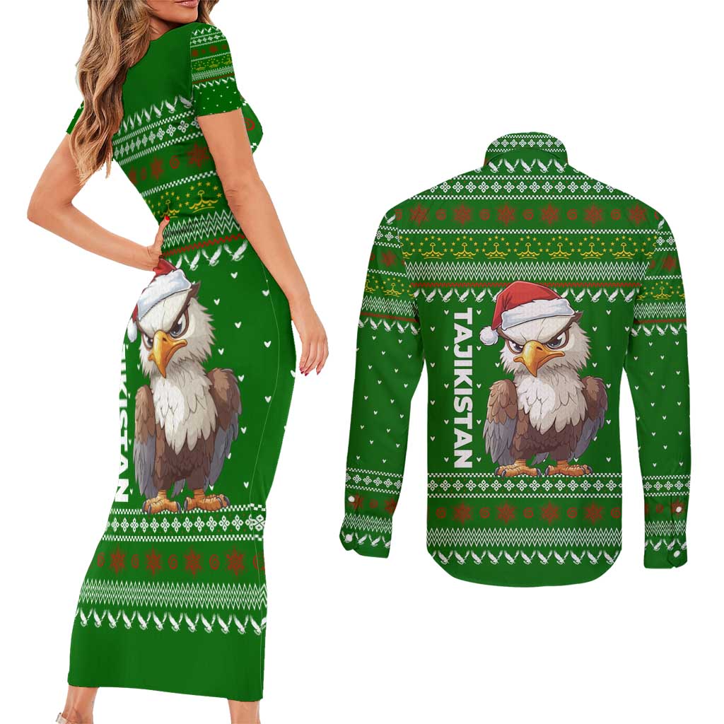 Tajikistan Christmas Couples Matching Short Sleeve Bodycon Dress and Long Sleeve Button Shirt with Santa Hat Eagle Green Snowflake Pattern and Holiday Design - Wonder Print Shop