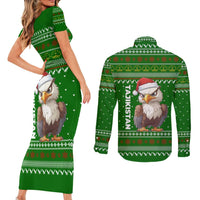 Tajikistan Christmas Couples Matching Short Sleeve Bodycon Dress and Long Sleeve Button Shirt with Santa Hat Eagle Green Snowflake Pattern and Holiday Design - Wonder Print Shop
