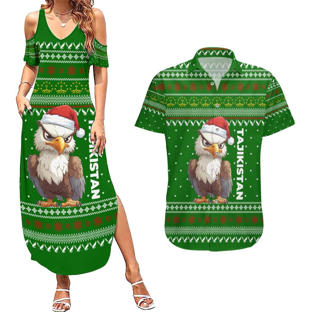 Tajikistan Christmas Couples Matching Summer Maxi Dress and Hawaiian Shirt with Santa Hat Eagle Green Snowflake Pattern and Holiday Design - Wonder Print Shop