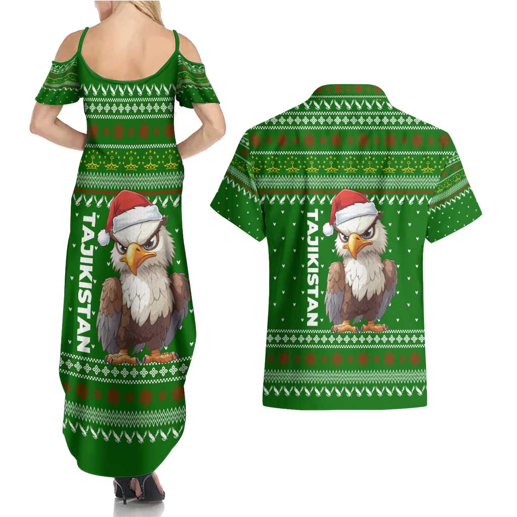 Tajikistan Christmas Couples Matching Summer Maxi Dress and Hawaiian Shirt with Santa Hat Eagle Green Snowflake Pattern and Holiday Design - Wonder Print Shop