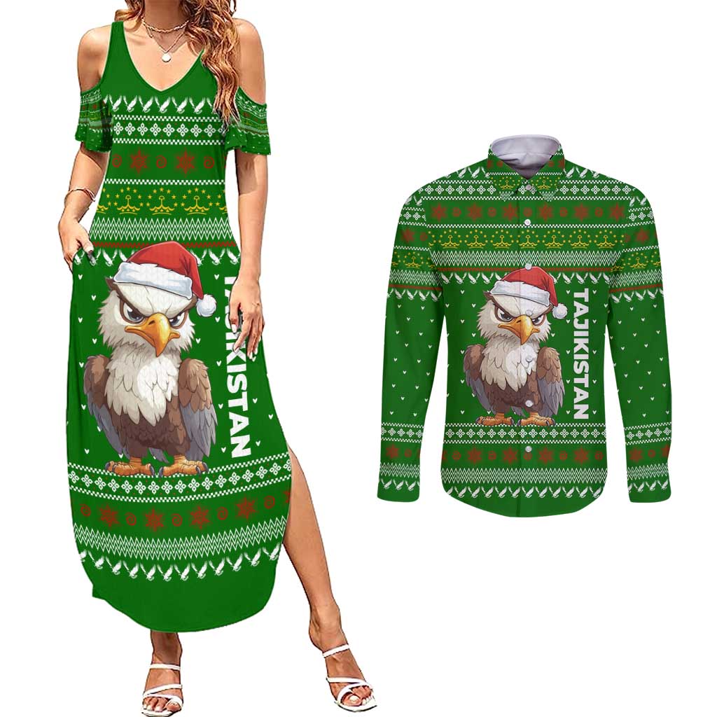 Tajikistan Christmas Couples Matching Summer Maxi Dress and Long Sleeve Button Shirt with Santa Hat Eagle Green Snowflake Pattern and Holiday Design - Wonder Print Shop
