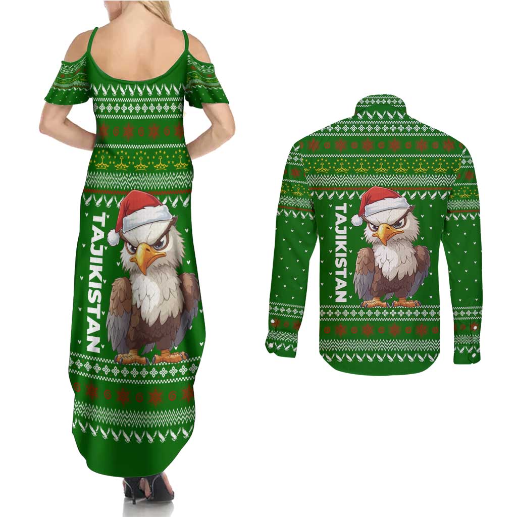 Tajikistan Christmas Couples Matching Summer Maxi Dress and Long Sleeve Button Shirt with Santa Hat Eagle Green Snowflake Pattern and Holiday Design - Wonder Print Shop