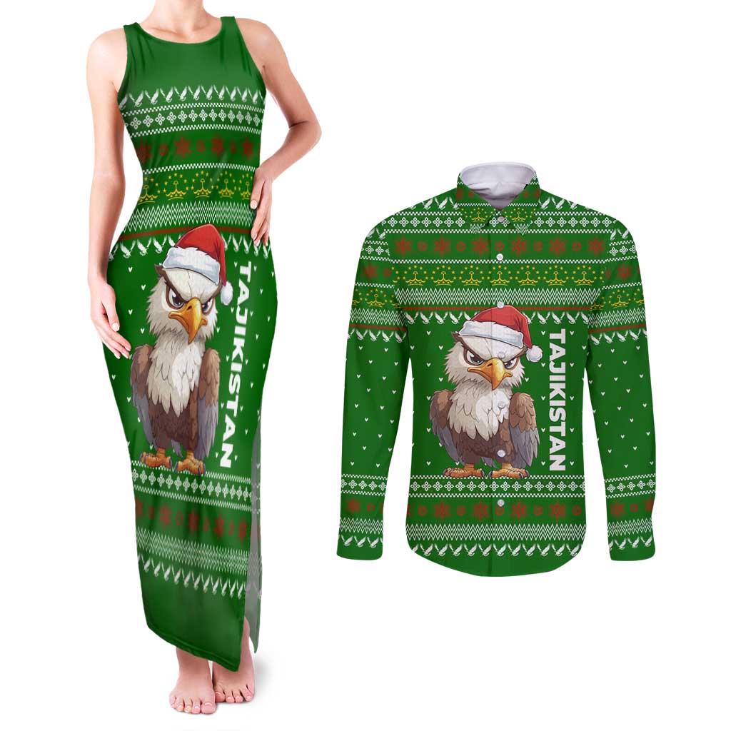 Tajikistan Christmas Couples Matching Tank Maxi Dress and Long Sleeve Button Shirt with Santa Hat Eagle Green Snowflake Pattern and Holiday Design - Wonder Print Shop