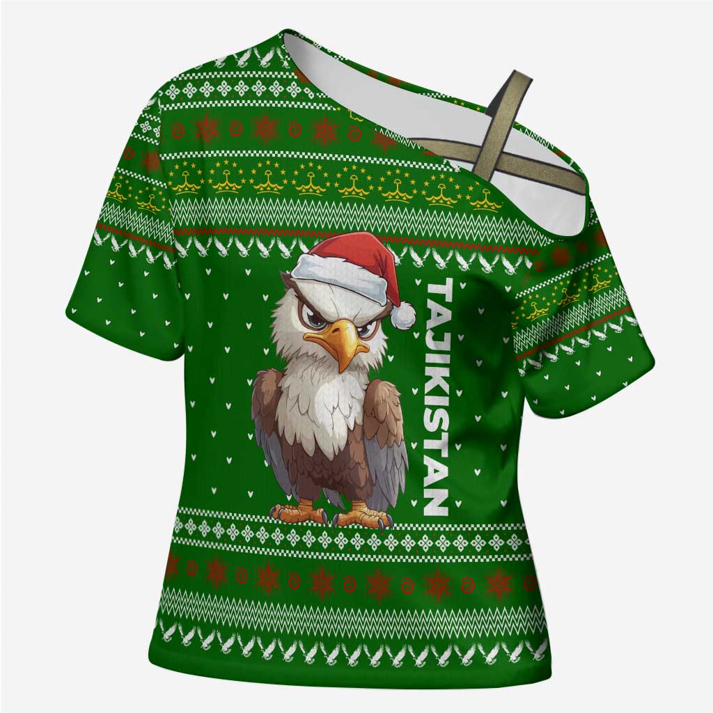 Tajikistan Christmas Cross Shoulder Shirt with Santa Hat Eagle Green Snowflake Pattern and Holiday Design - Wonder Print Shop