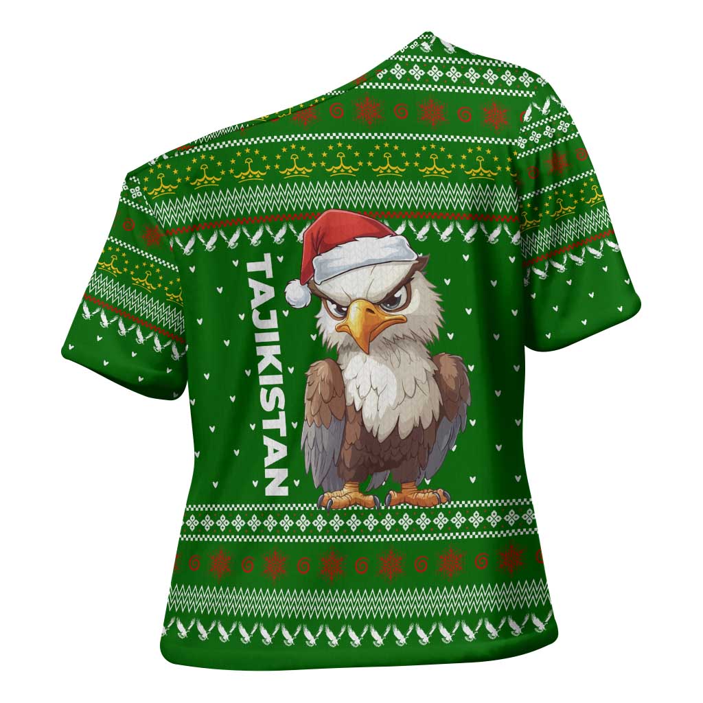 Tajikistan Christmas Cross Shoulder Shirt with Santa Hat Eagle Green Snowflake Pattern and Holiday Design - Wonder Print Shop