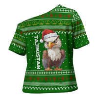 Tajikistan Christmas Cross Shoulder Shirt with Santa Hat Eagle Green Snowflake Pattern and Holiday Design - Wonder Print Shop