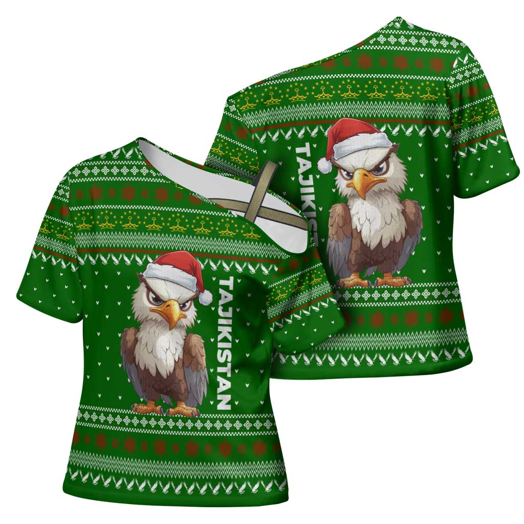 Tajikistan Christmas Cross Shoulder Shirt with Santa Hat Eagle Green Snowflake Pattern and Holiday Design - Wonder Print Shop
