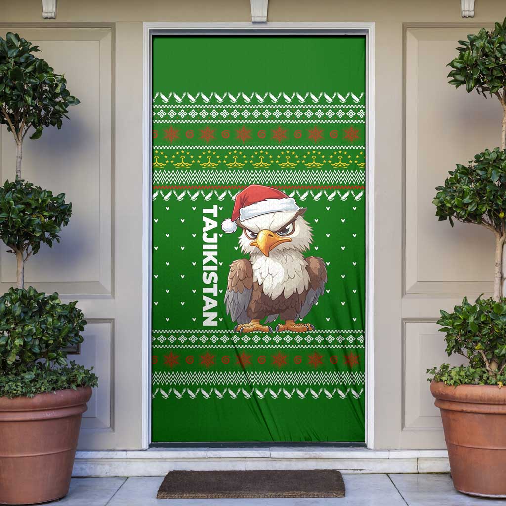 Tajikistan Christmas Door Cover with Santa Hat Eagle Green Snowflake Pattern and Holiday Design - Wonder Print Shop