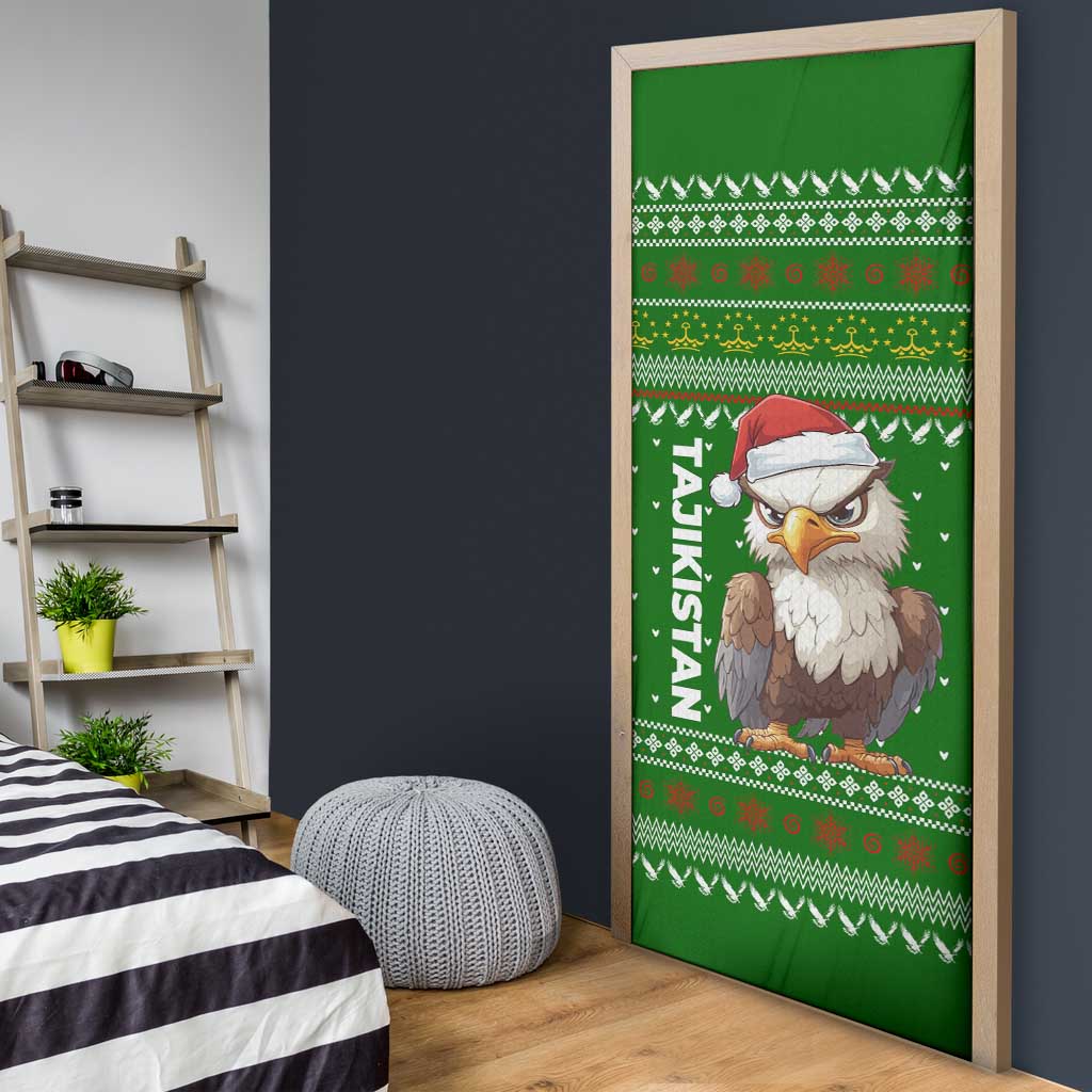 Tajikistan Christmas Door Cover with Santa Hat Eagle Green Snowflake Pattern and Holiday Design - Wonder Print Shop