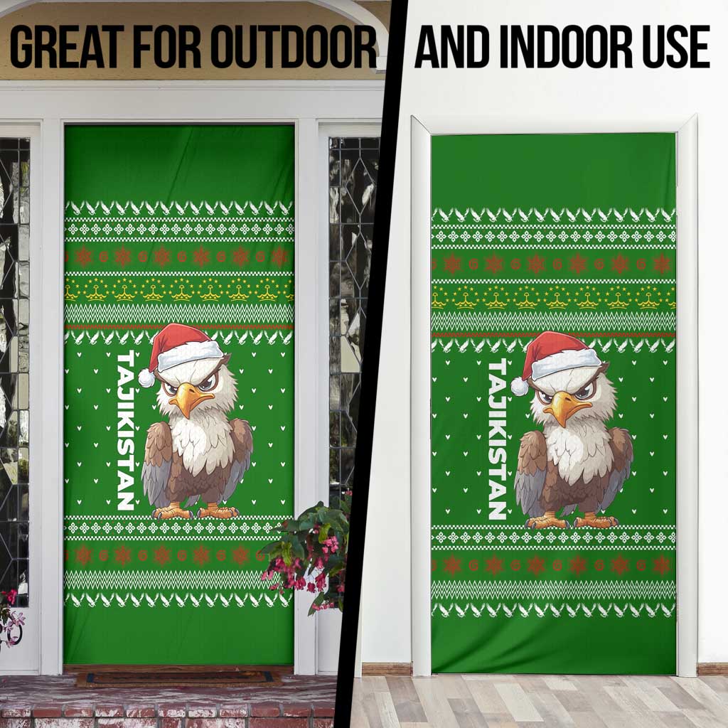 Tajikistan Christmas Door Cover with Santa Hat Eagle Green Snowflake Pattern and Holiday Design - Wonder Print Shop
