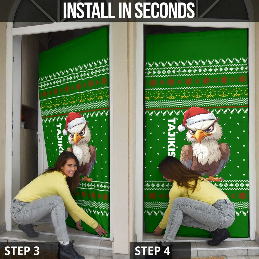 Tajikistan Christmas Door Cover with Santa Hat Eagle Green Snowflake Pattern and Holiday Design - Wonder Print Shop