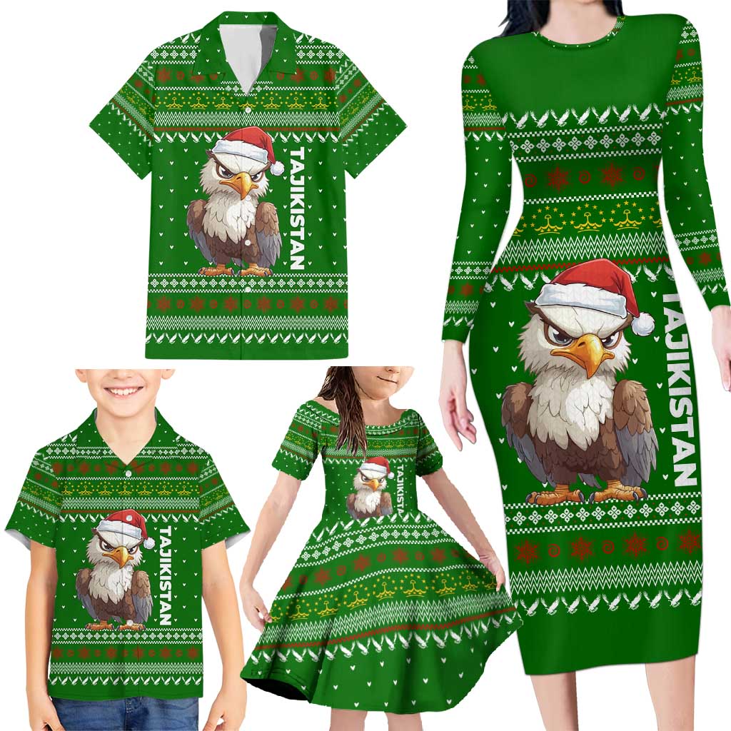 Tajikistan Christmas Family Matching Long Sleeve Bodycon Dress and Hawaiian Shirt with Santa Hat Eagle Green Snowflake Pattern and Holiday Design - Wonder Print Shop