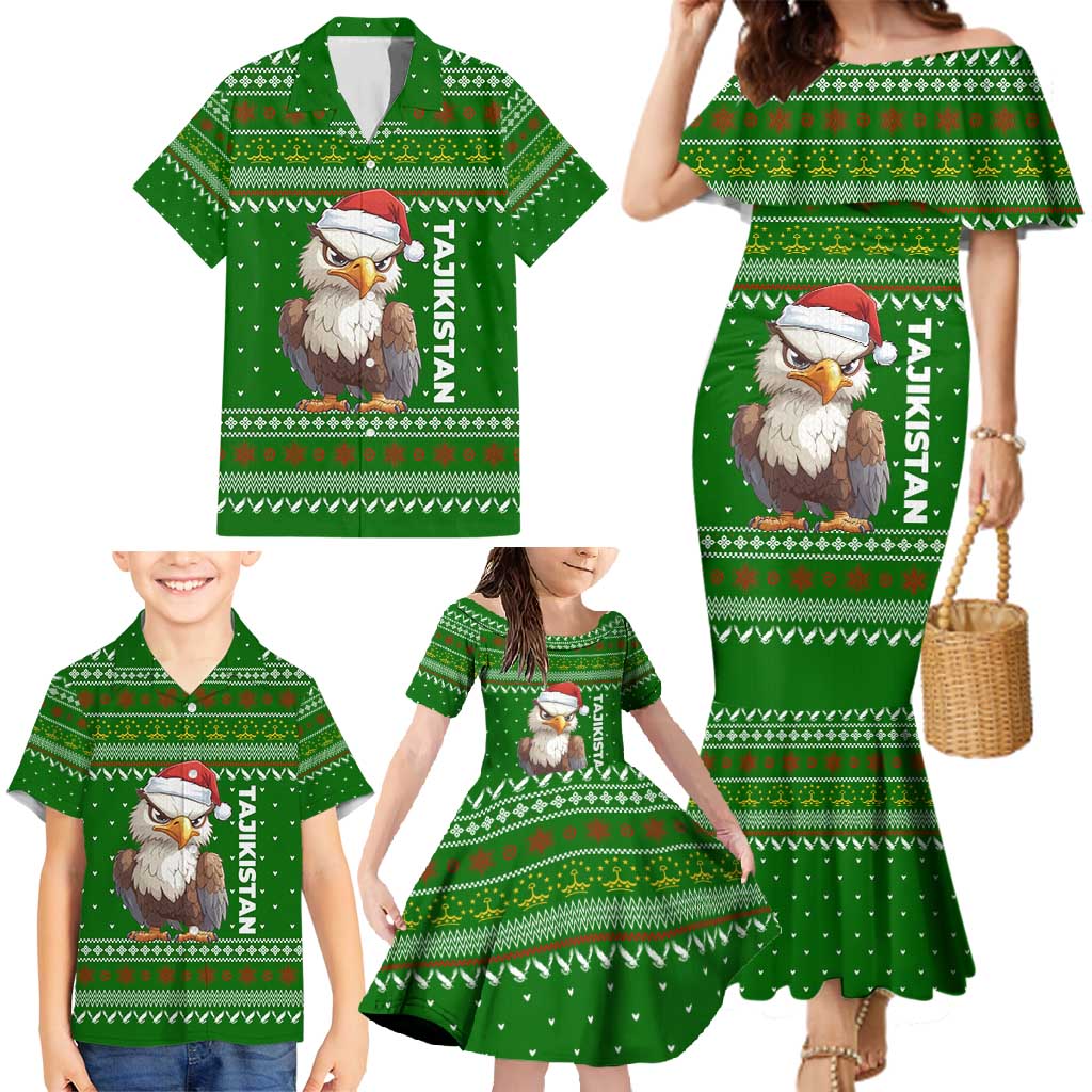 Tajikistan Christmas Family Matching Mermaid Dress and Hawaiian Shirt with Santa Hat Eagle Green Snowflake Pattern and Holiday Design - Wonder Print Shop