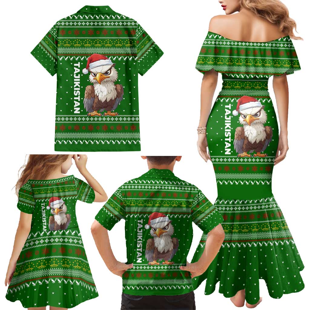Tajikistan Christmas Family Matching Mermaid Dress and Hawaiian Shirt with Santa Hat Eagle Green Snowflake Pattern and Holiday Design - Wonder Print Shop