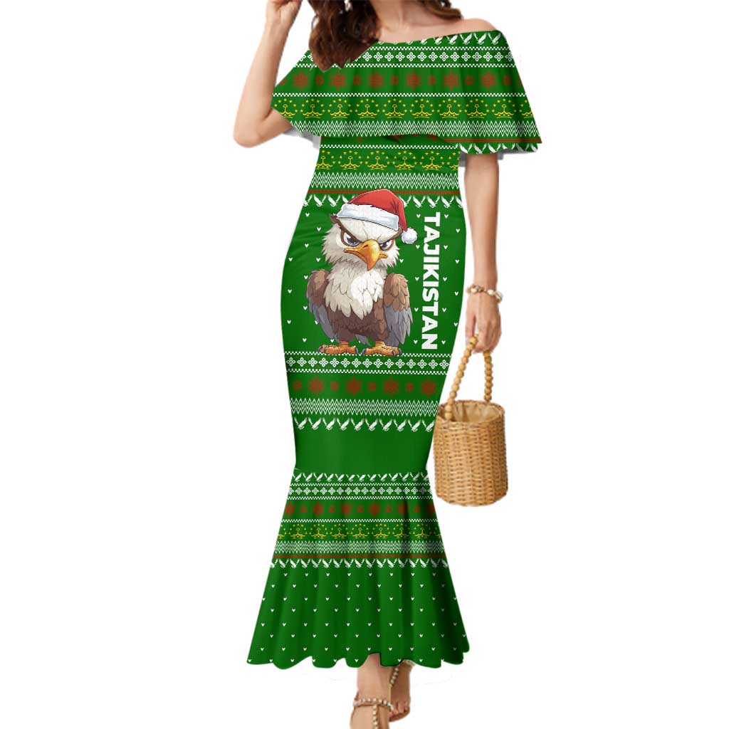 Tajikistan Christmas Family Matching Mermaid Dress and Hawaiian Shirt with Santa Hat Eagle Green Snowflake Pattern and Holiday Design - Wonder Print Shop