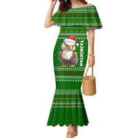 Tajikistan Christmas Family Matching Mermaid Dress and Hawaiian Shirt with Santa Hat Eagle Green Snowflake Pattern and Holiday Design - Wonder Print Shop