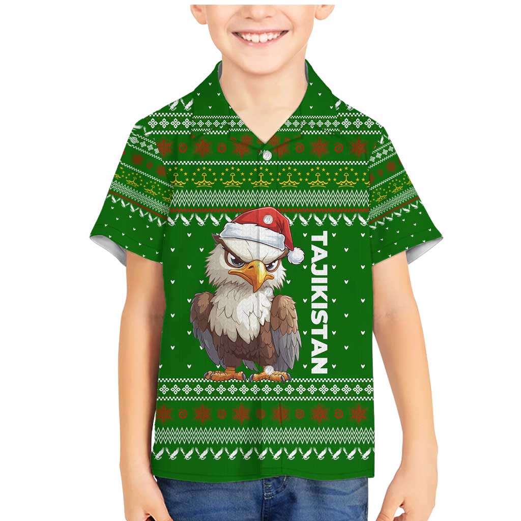 Tajikistan Christmas Family Matching Mermaid Dress and Hawaiian Shirt with Santa Hat Eagle Green Snowflake Pattern and Holiday Design - Wonder Print Shop
