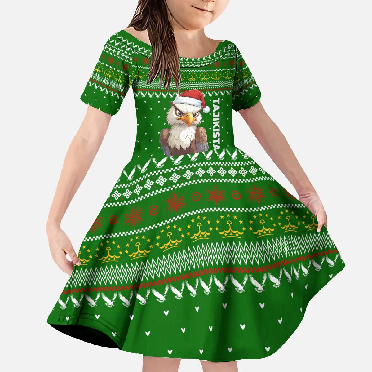 Tajikistan Christmas Family Matching Off The Shoulder Long Sleeve Dress and Hawaiian Shirt with Santa Hat Eagle Green Snowflake Pattern and Holiday Design - Wonder Print Shop