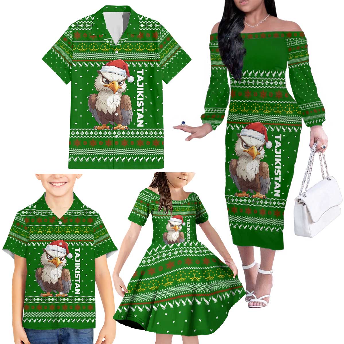 Tajikistan Christmas Family Matching Off The Shoulder Long Sleeve Dress and Hawaiian Shirt with Santa Hat Eagle Green Snowflake Pattern and Holiday Design - Wonder Print Shop