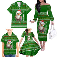 Tajikistan Christmas Family Matching Off The Shoulder Long Sleeve Dress and Hawaiian Shirt with Santa Hat Eagle Green Snowflake Pattern and Holiday Design - Wonder Print Shop