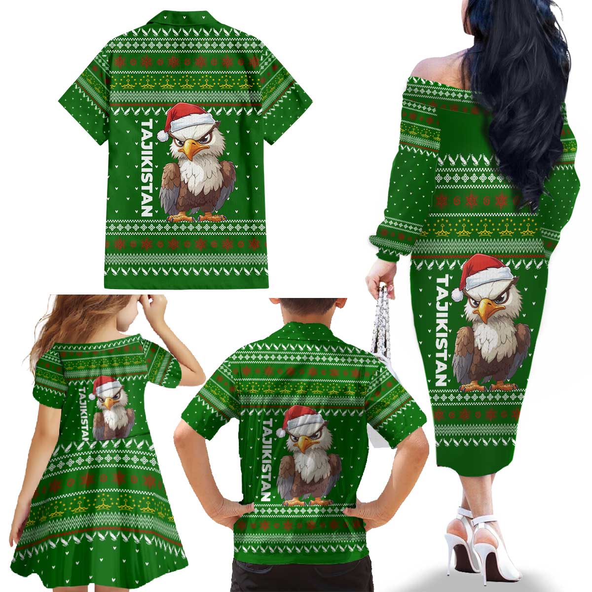 Tajikistan Christmas Family Matching Off The Shoulder Long Sleeve Dress and Hawaiian Shirt with Santa Hat Eagle Green Snowflake Pattern and Holiday Design - Wonder Print Shop