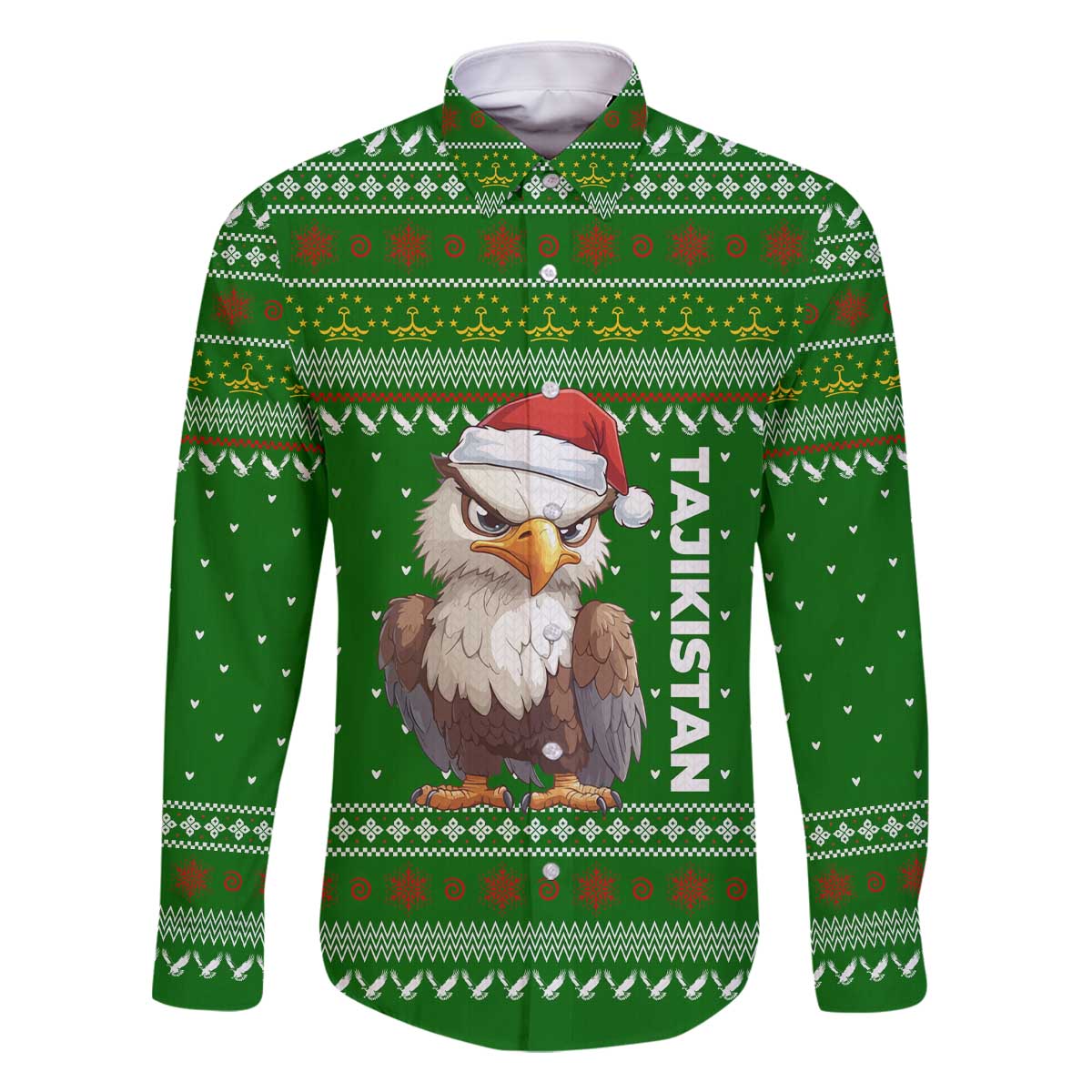 Tajikistan Christmas Family Matching Off The Shoulder Long Sleeve Dress and Hawaiian Shirt with Santa Hat Eagle Green Snowflake Pattern and Holiday Design - Wonder Print Shop