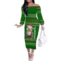 Tajikistan Christmas Family Matching Off The Shoulder Long Sleeve Dress and Hawaiian Shirt with Santa Hat Eagle Green Snowflake Pattern and Holiday Design - Wonder Print Shop