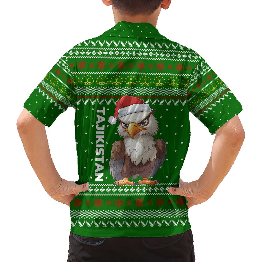 Tajikistan Christmas Family Matching Off Shoulder Maxi Dress and Hawaiian Shirt with Santa Hat Eagle Green Snowflake Pattern and Holiday Design - Wonder Print Shop