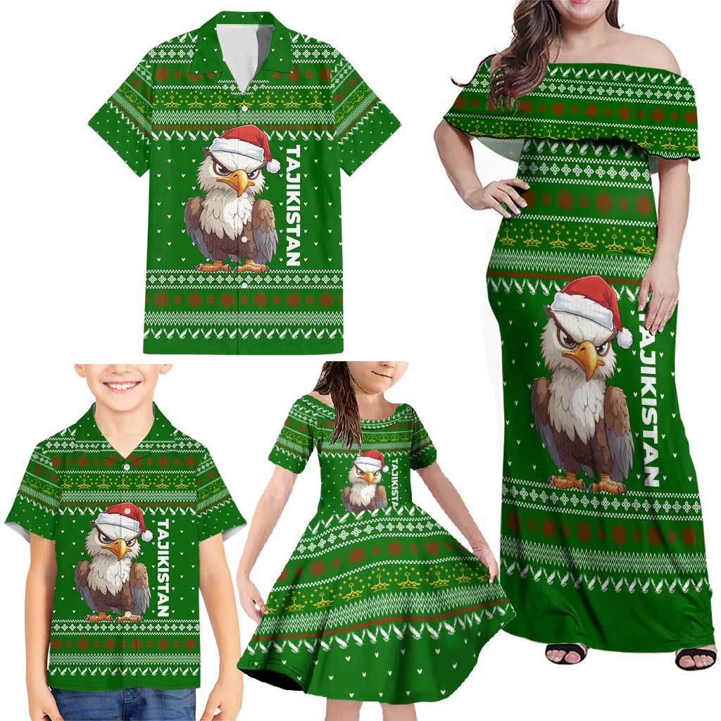 Tajikistan Christmas Family Matching Off Shoulder Maxi Dress and Hawaiian Shirt with Santa Hat Eagle Green Snowflake Pattern and Holiday Design - Wonder Print Shop