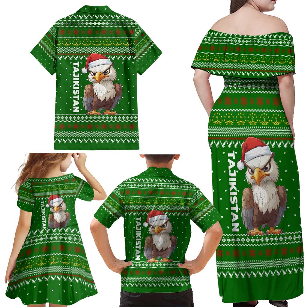 Tajikistan Christmas Family Matching Off Shoulder Maxi Dress and Hawaiian Shirt with Santa Hat Eagle Green Snowflake Pattern and Holiday Design - Wonder Print Shop