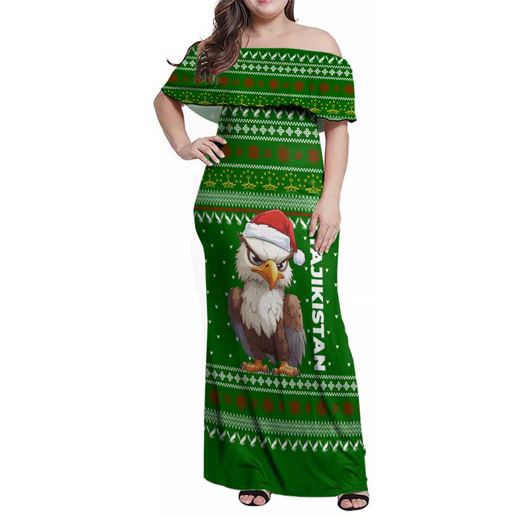 Tajikistan Christmas Family Matching Off Shoulder Maxi Dress and Hawaiian Shirt with Santa Hat Eagle Green Snowflake Pattern and Holiday Design - Wonder Print Shop