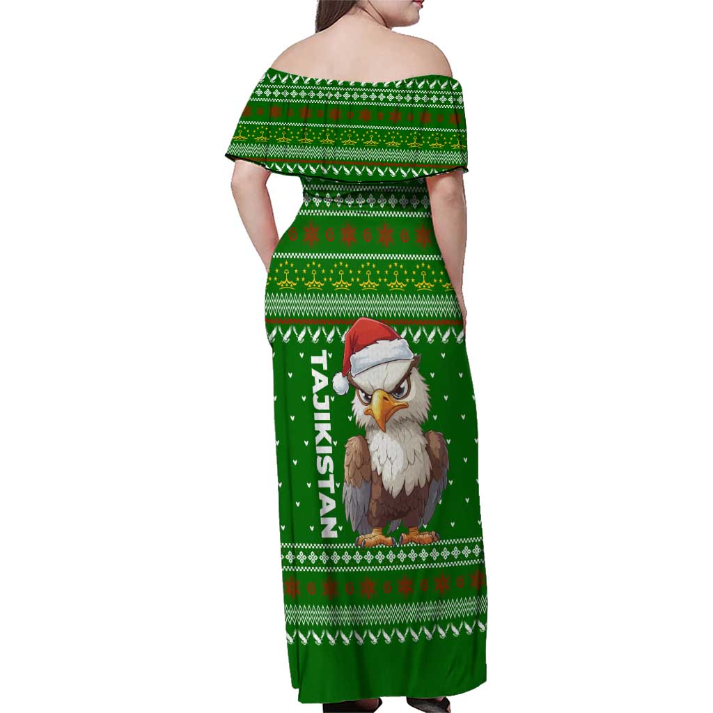 Tajikistan Christmas Family Matching Off Shoulder Maxi Dress and Hawaiian Shirt with Santa Hat Eagle Green Snowflake Pattern and Holiday Design - Wonder Print Shop