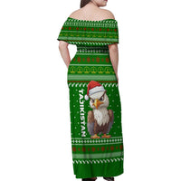 Tajikistan Christmas Family Matching Off Shoulder Maxi Dress and Hawaiian Shirt with Santa Hat Eagle Green Snowflake Pattern and Holiday Design - Wonder Print Shop