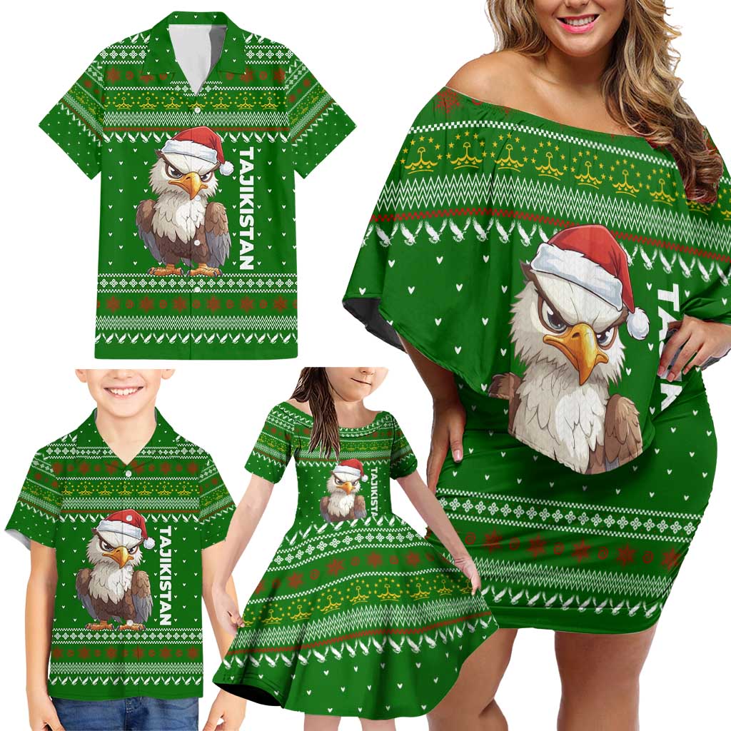 Tajikistan Christmas Family Matching Off Shoulder Short Dress and Hawaiian Shirt with Santa Hat Eagle Green Snowflake Pattern and Holiday Design - Wonder Print Shop