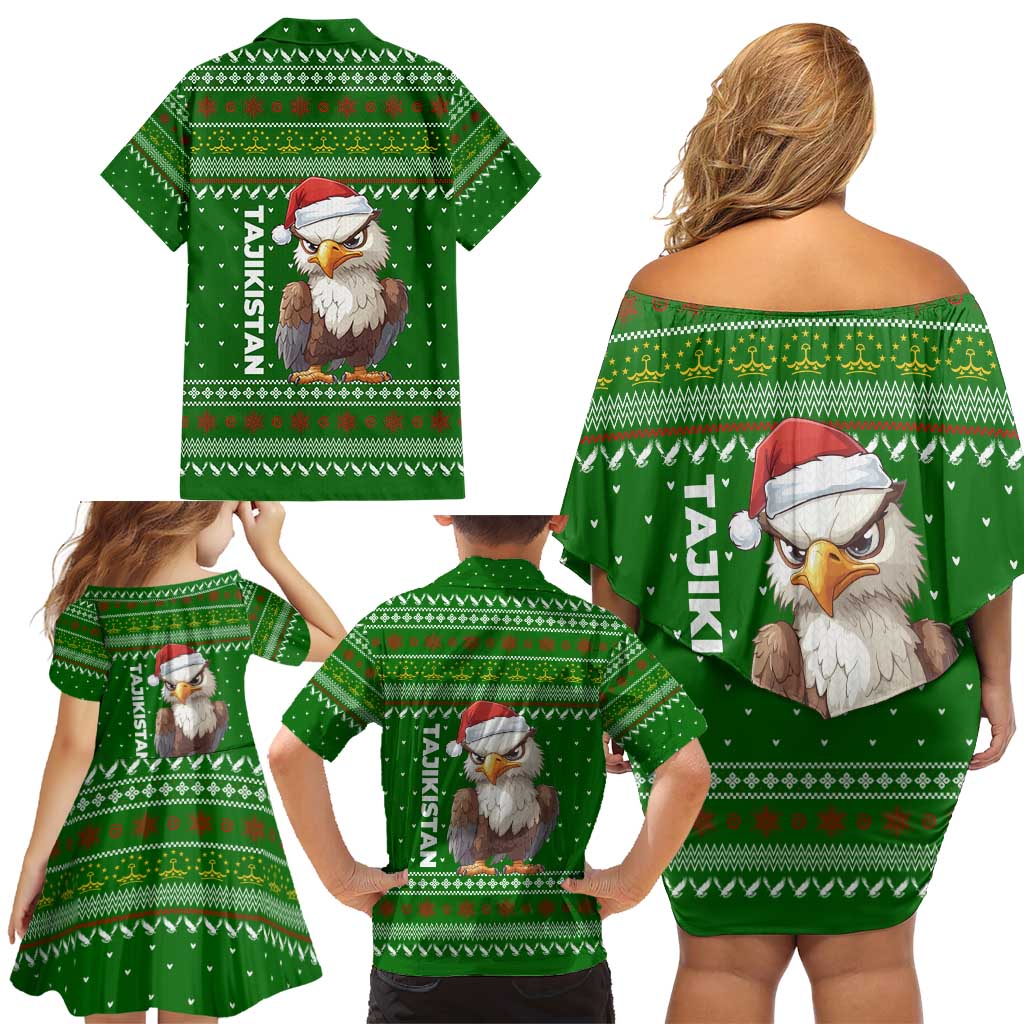 Tajikistan Christmas Family Matching Off Shoulder Short Dress and Hawaiian Shirt with Santa Hat Eagle Green Snowflake Pattern and Holiday Design - Wonder Print Shop