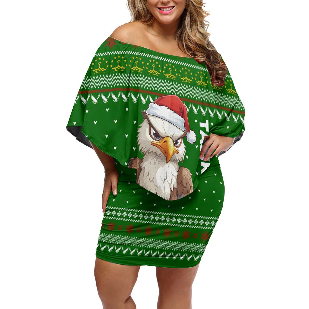 Tajikistan Christmas Family Matching Off Shoulder Short Dress and Hawaiian Shirt with Santa Hat Eagle Green Snowflake Pattern and Holiday Design - Wonder Print Shop