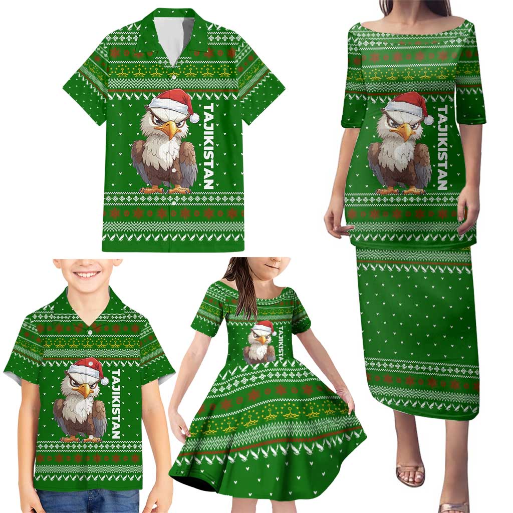Tajikistan Christmas Family Matching Puletasi and Hawaiian Shirt with Santa Hat Eagle Green Snowflake Pattern and Holiday Design - Wonder Print Shop