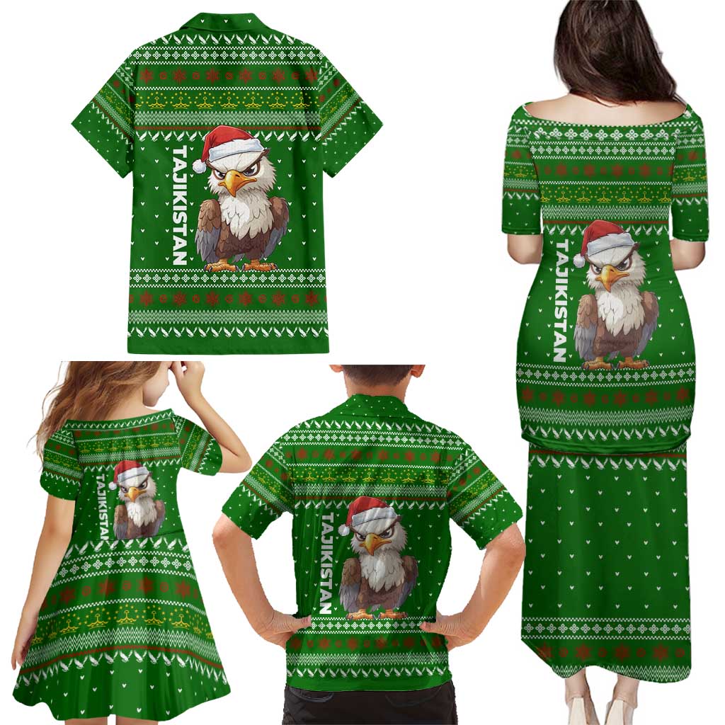 Tajikistan Christmas Family Matching Puletasi and Hawaiian Shirt with Santa Hat Eagle Green Snowflake Pattern and Holiday Design - Wonder Print Shop