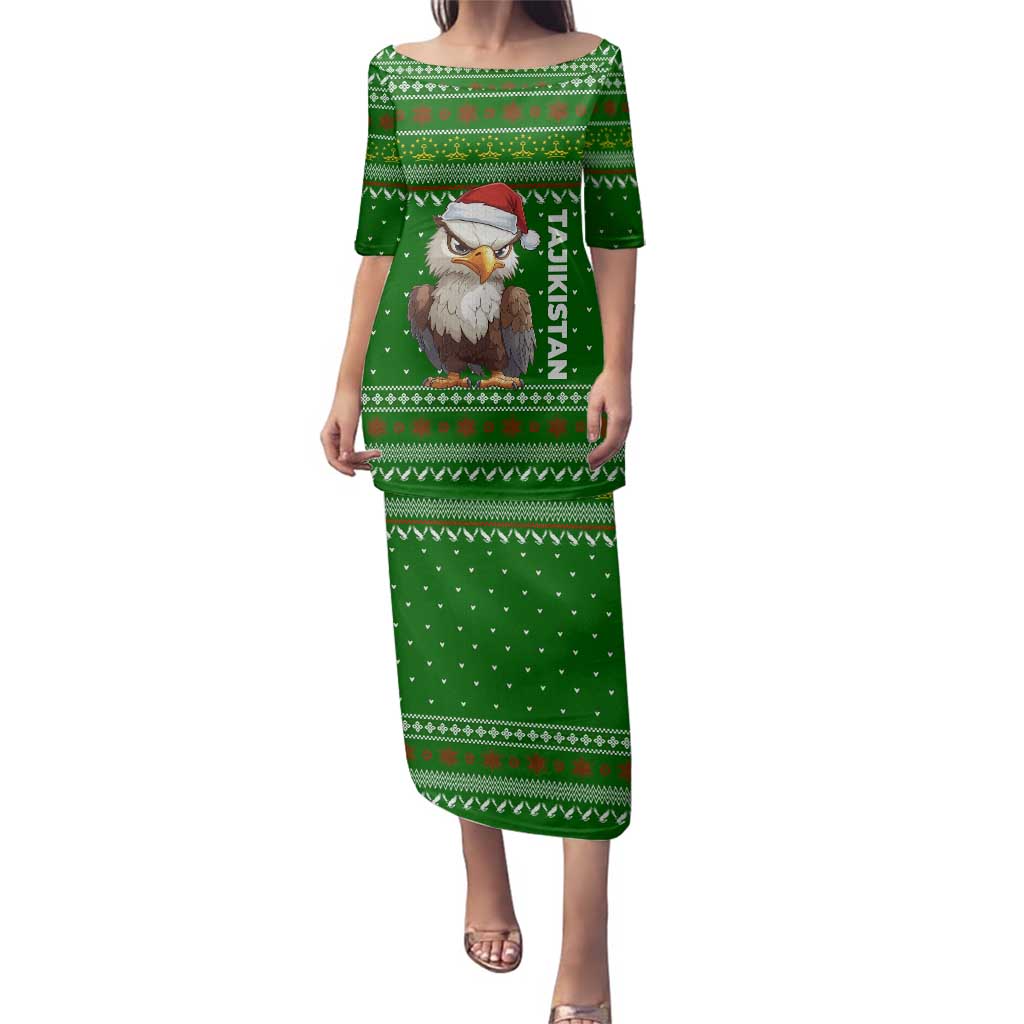 Tajikistan Christmas Family Matching Puletasi and Hawaiian Shirt with Santa Hat Eagle Green Snowflake Pattern and Holiday Design - Wonder Print Shop