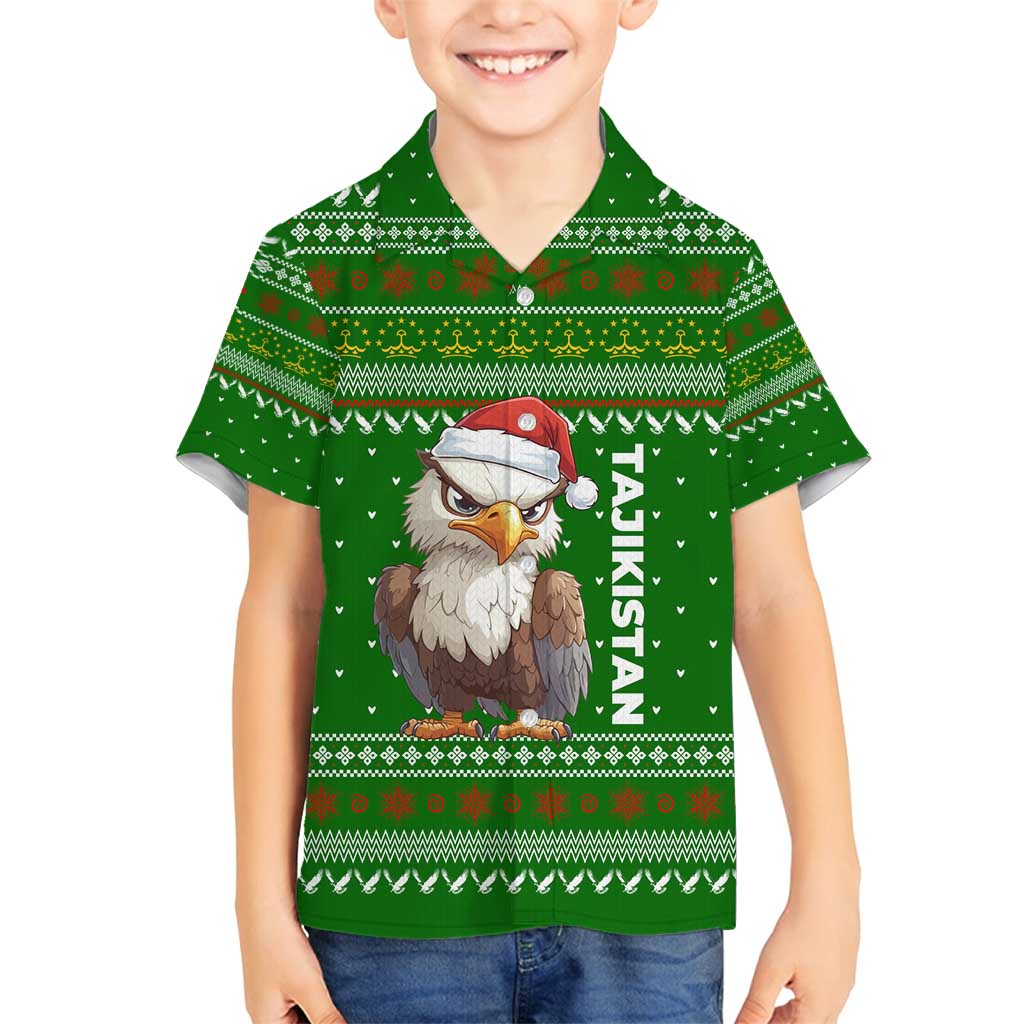 Tajikistan Christmas Family Matching Puletasi and Hawaiian Shirt with Santa Hat Eagle Green Snowflake Pattern and Holiday Design - Wonder Print Shop