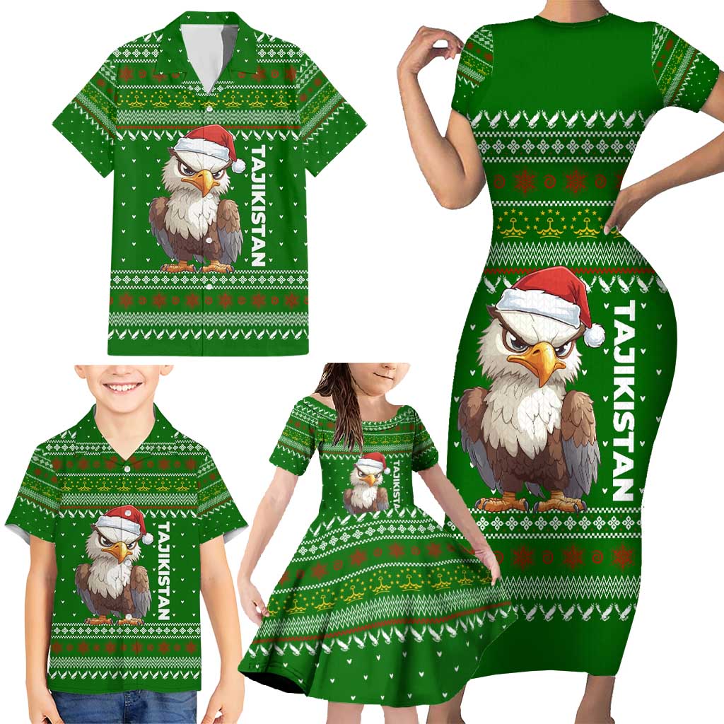 Tajikistan Christmas Family Matching Short Sleeve Bodycon Dress and Hawaiian Shirt with Santa Hat Eagle Green Snowflake Pattern and Holiday Design - Wonder Print Shop