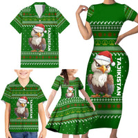 Tajikistan Christmas Family Matching Short Sleeve Bodycon Dress and Hawaiian Shirt with Santa Hat Eagle Green Snowflake Pattern and Holiday Design - Wonder Print Shop