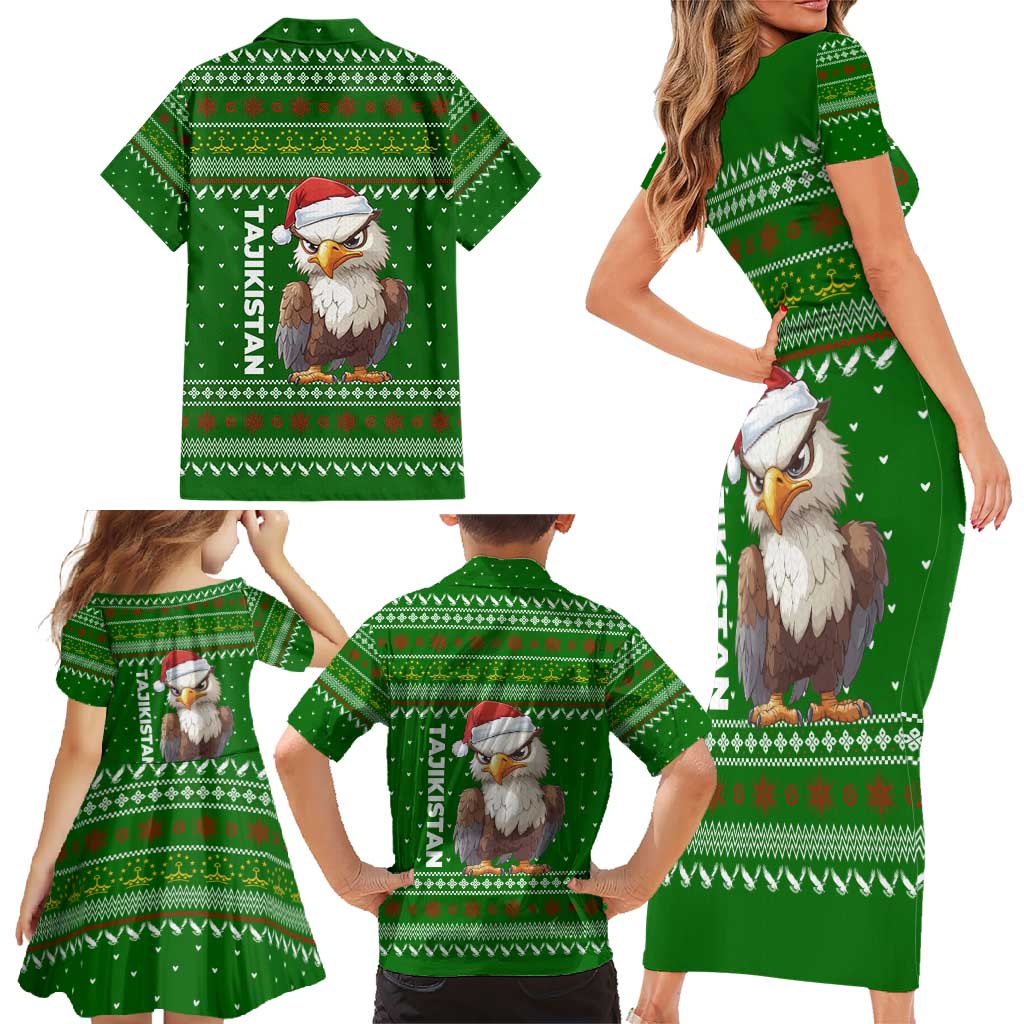 Tajikistan Christmas Family Matching Short Sleeve Bodycon Dress and Hawaiian Shirt with Santa Hat Eagle Green Snowflake Pattern and Holiday Design - Wonder Print Shop