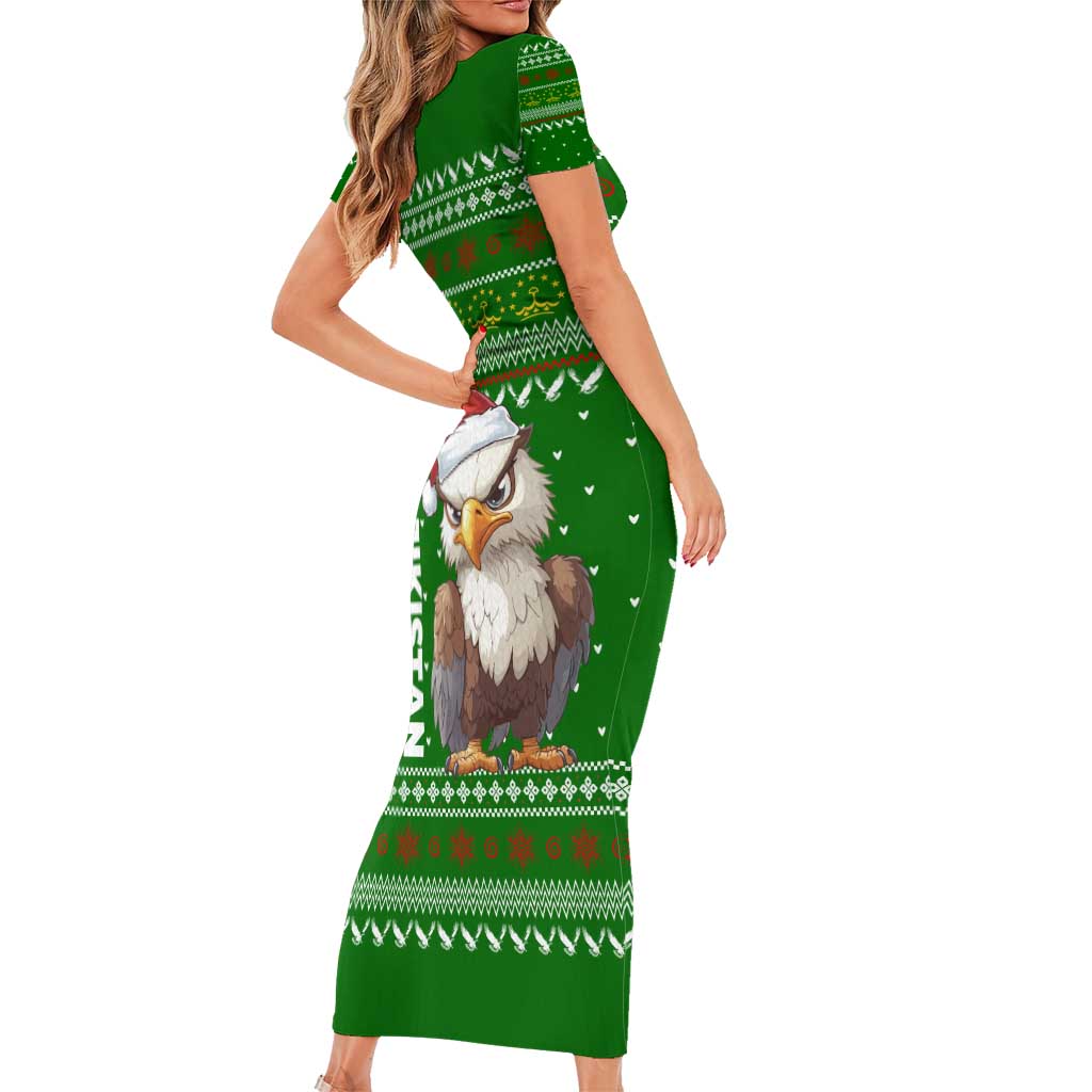 Tajikistan Christmas Family Matching Short Sleeve Bodycon Dress and Hawaiian Shirt with Santa Hat Eagle Green Snowflake Pattern and Holiday Design - Wonder Print Shop