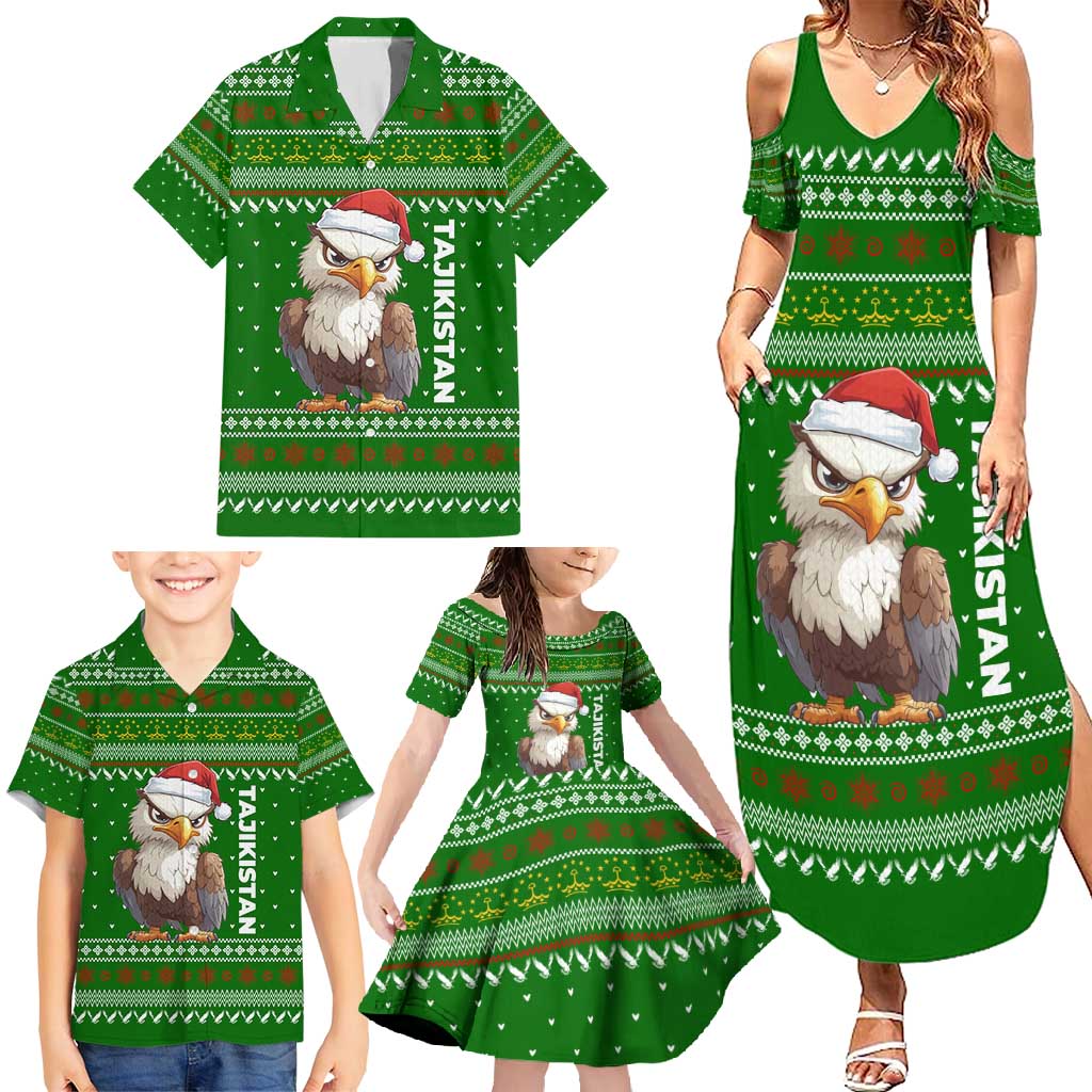 Tajikistan Christmas Family Matching Summer Maxi Dress and Hawaiian Shirt with Santa Hat Eagle Green Snowflake Pattern and Holiday Design - Wonder Print Shop