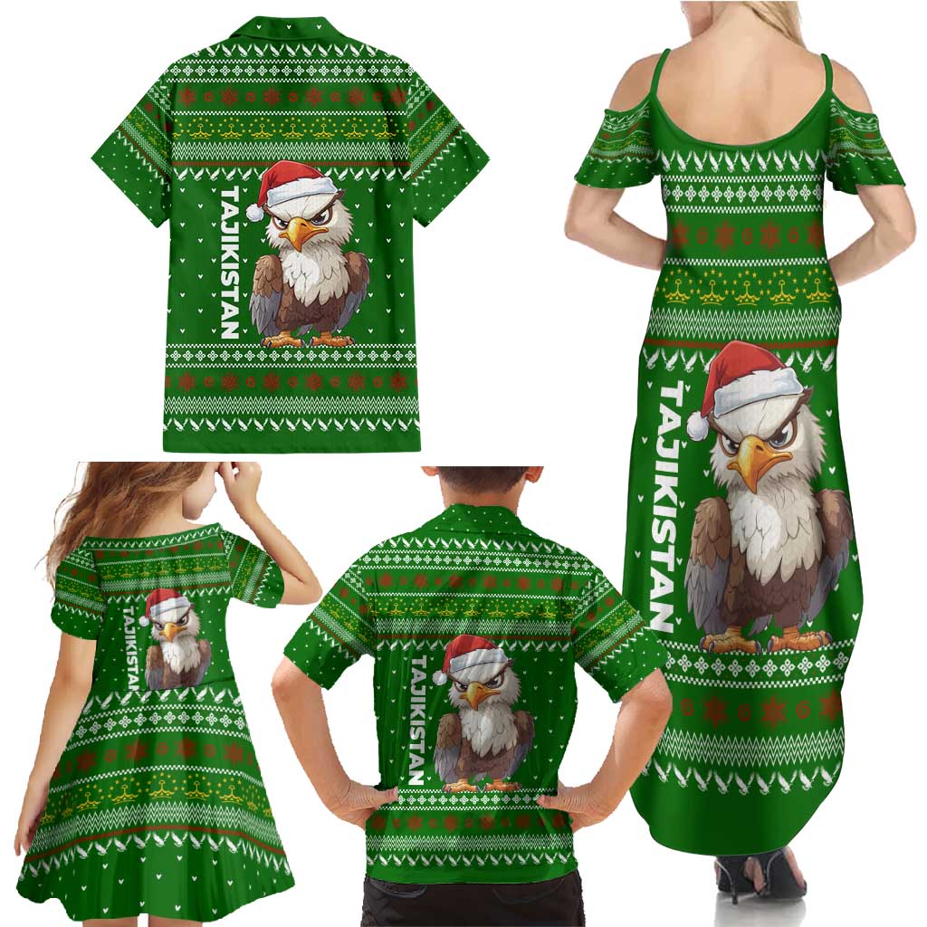 Tajikistan Christmas Family Matching Summer Maxi Dress and Hawaiian Shirt with Santa Hat Eagle Green Snowflake Pattern and Holiday Design - Wonder Print Shop