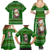 Tajikistan Christmas Family Matching Summer Maxi Dress and Hawaiian Shirt with Santa Hat Eagle Green Snowflake Pattern and Holiday Design - Wonder Print Shop