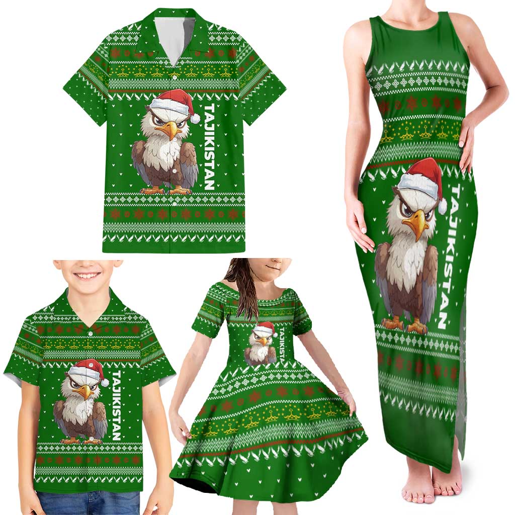 Tajikistan Christmas Family Matching Tank Maxi Dress and Hawaiian Shirt with Santa Hat Eagle Green Snowflake Pattern and Holiday Design - Wonder Print Shop