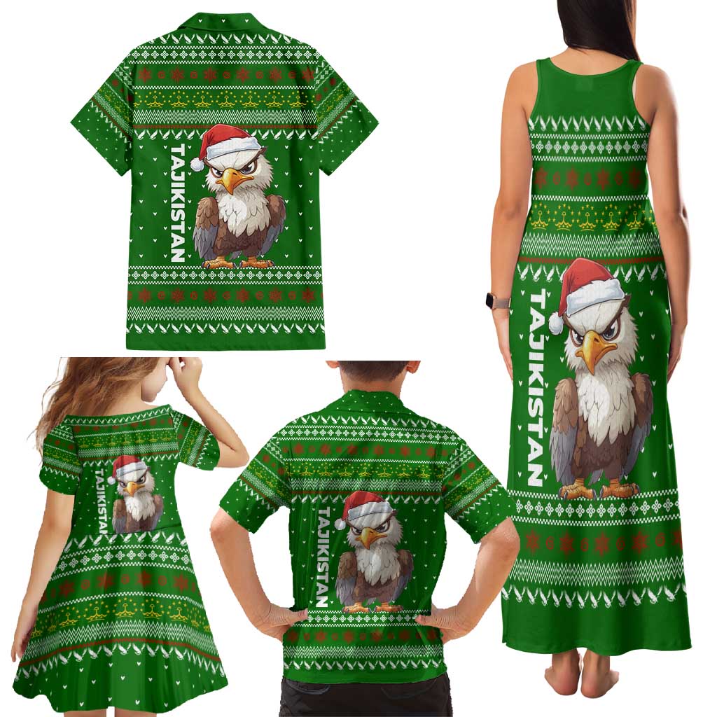 Tajikistan Christmas Family Matching Tank Maxi Dress and Hawaiian Shirt with Santa Hat Eagle Green Snowflake Pattern and Holiday Design - Wonder Print Shop