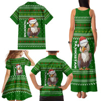 Tajikistan Christmas Family Matching Tank Maxi Dress and Hawaiian Shirt with Santa Hat Eagle Green Snowflake Pattern and Holiday Design - Wonder Print Shop